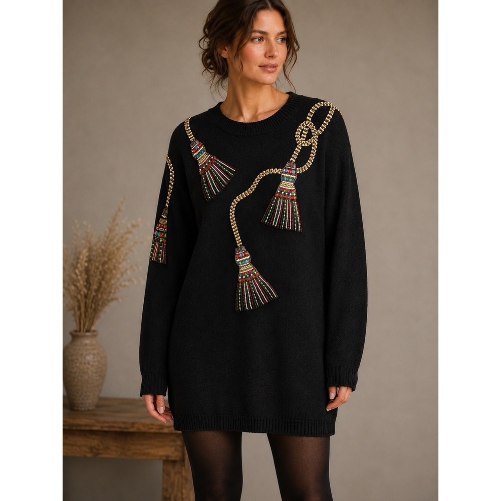 90s Black Beaded Tassel Maximalist Statement Mini Sweater Dress Medium Art